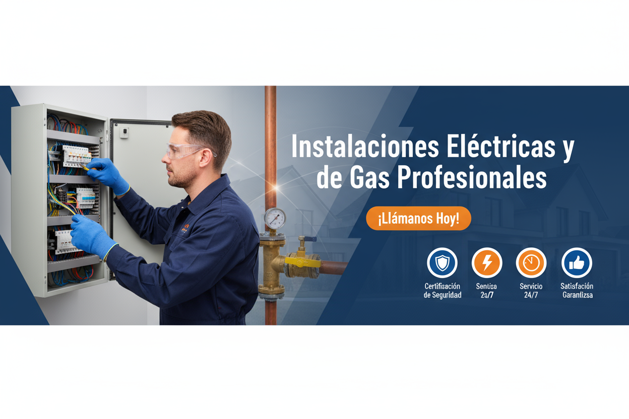 Genera una imagen para el banner principañ donde tenga el llamado de instalaciones eléctricas y de gas .

utiliza las tecnicas de marketing para ayudar al usuario